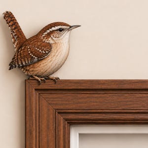 May include: A small brown wren with white eyebrow markings and a patterned tail perched on the top edge of a dark brown wooden picture frame. The bird has detailed feathers in shades of tan, chestnut, and dark brown with a sharp beak.