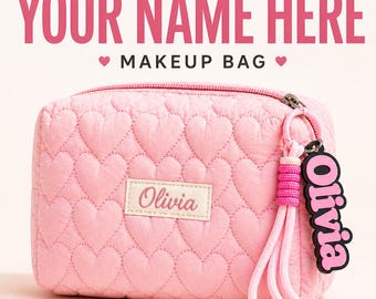 Personalized Makeup Bag with Name, Custom Cosmetic Pouch, Bridesmaid Gift, Travel Organizer, Quilted Cute Bag for Women