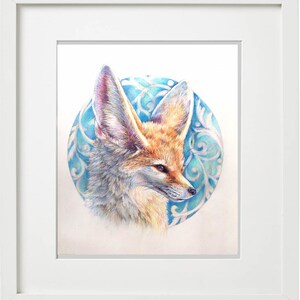 May include: A detailed pencil drawing of a fennec fox with large ears, set against a blue and white circular background with a decorative pattern.
