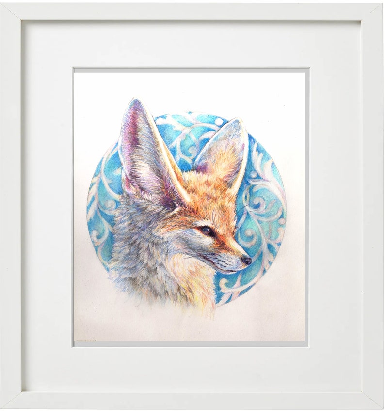 May include: A detailed pencil drawing of a fennec fox with large ears, set against a blue and white circular background with a decorative pattern.