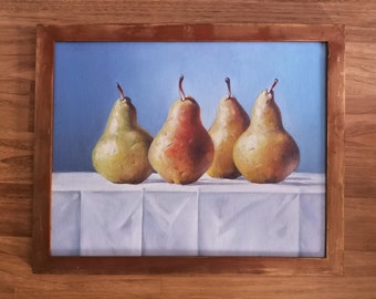 Framed Pear Still Life: Original Oil Painting on Canvas (11.5x13'')