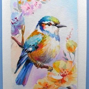 Handgemalte Aquarell Postkarte, Ein Vogel und Blumen, Geschenk für Vogelliebhaber, in Erinnerung an dich