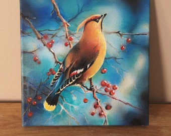 Original Acrylic Painting, Waxwing ,Winter bird, Modern airbrush painting, bird Painting, 8x8 Canvas Painting, Mini Canvas, Tiny Art