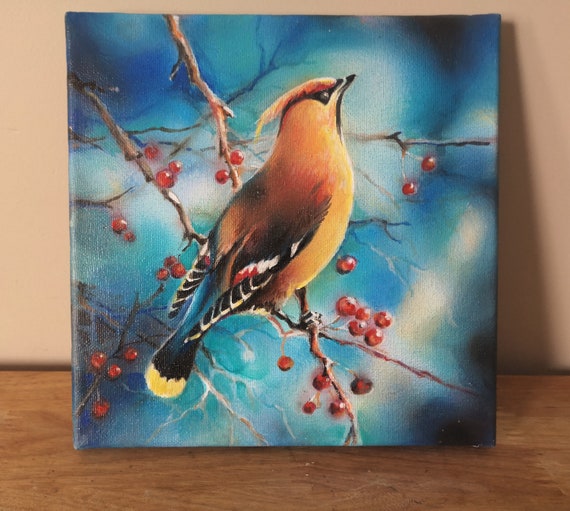 Original Acrylic Painting, Waxwing ,winter Bird, Modern Airbrush Painting,  Bird Painting, 8x8 Canvas Painting, Mini Canvas, Tiny Art 
