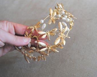 Dragonfly Bandeau Tiara, Bandeau de mariage, Couronne de cheveux, Tiara, Tiara nuptiale, Sweet 16 Tiara, Casque d’or, Boho Boho Cheveux plier
