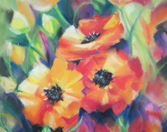 Original Poppies Pastel Painting: Floral Wall Art (12.5x14.5'')