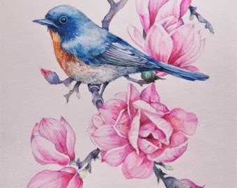 Original Magnolia Watercolor Painting: Bird and Pink Flower Art