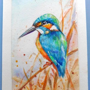 Postal de acuarela de pájaro martín pescador, tarjeta de arte natural original pintada a mano, regalo de observación de aves Postal para amantes de las aves, mini arte para regalar,