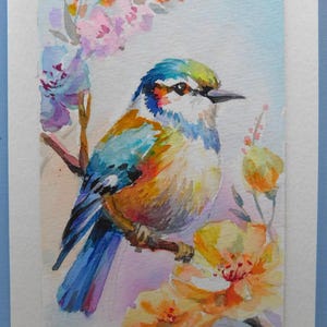 Hand painted watercolor postcard, Bird and flowers, bird lover gift, thinking of you