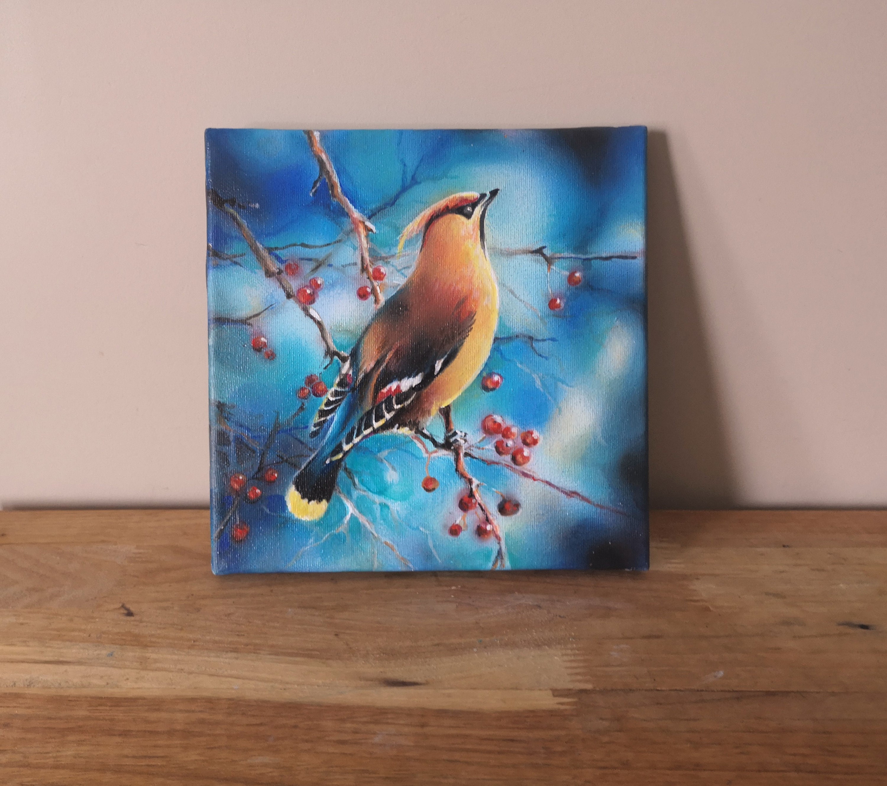 Original Waxwing Acrylic Painting: Winter Bird on 8x8 Canvas - Etsy