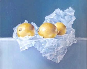 Pintura al óleo original, naturaleza muerta con limones, fruta amarilla sobre fondo azul, lienzo de 12x12 pulgadas.