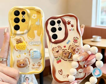 Cute 3D Bear Bracelet Wave Case for Samsung Galaxy S24 Ultra S23 S22 S21 S20 FE A54 A34 A25 A24 Soft Cover