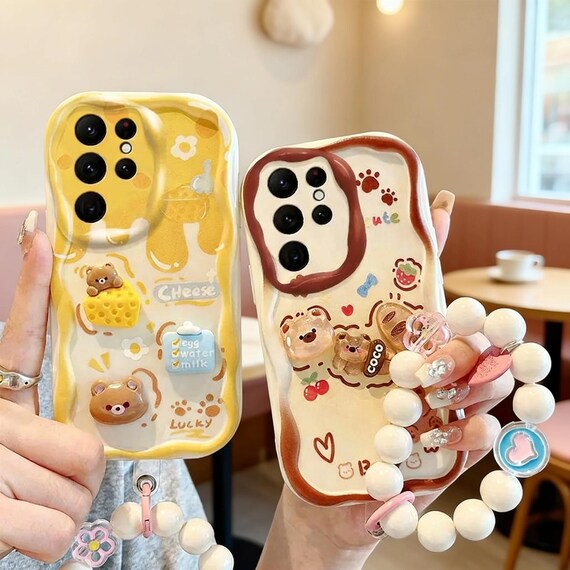 3D Bear Bracelet Wave Case Samsung Galaxy S24 Ultra S23 S22 S21 S20 FE A54 A34 A25 A24 Soft Cover