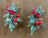 2 Signed ART Holly Berry Enamel Christmas Pins