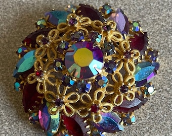 Stunning Large D & E Juliana Vintage High Domed Aurora Rhinestone Brooch Pin Watermelon Rhinestone Multi Colors Gold Flowers Reds and Blues