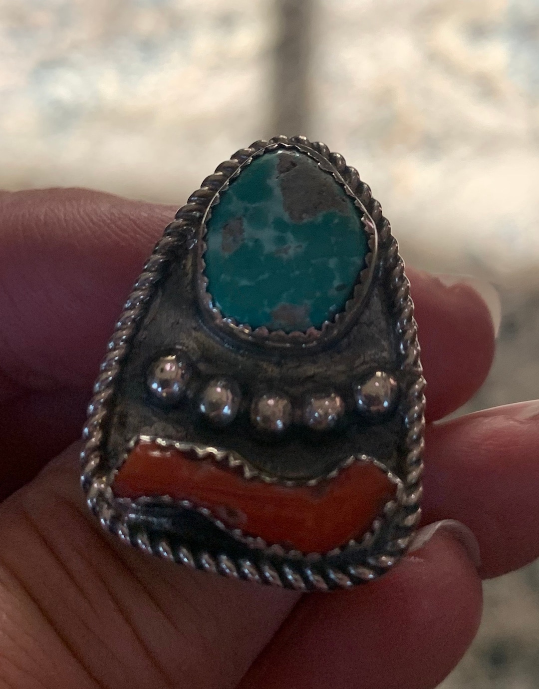 Vintage Large Native American Turquoise and Coral Sterling Ring Size 6 ...