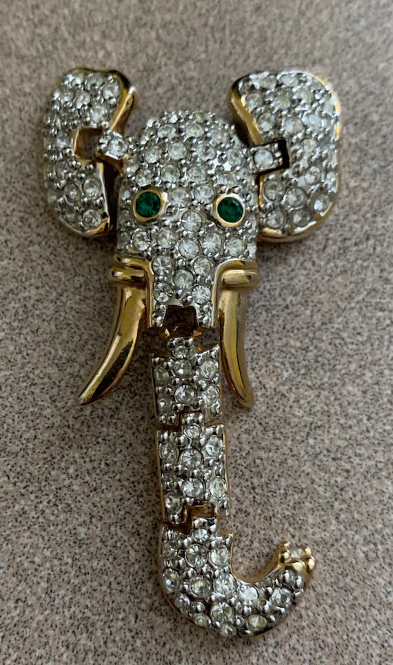 Large Rhinestone Articulated Elephant Brooch Pin