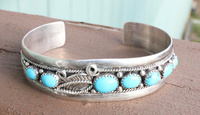 Vintage Native American Turquoise and Sterling Silver Cuff Bracelet Turquoise Signed J