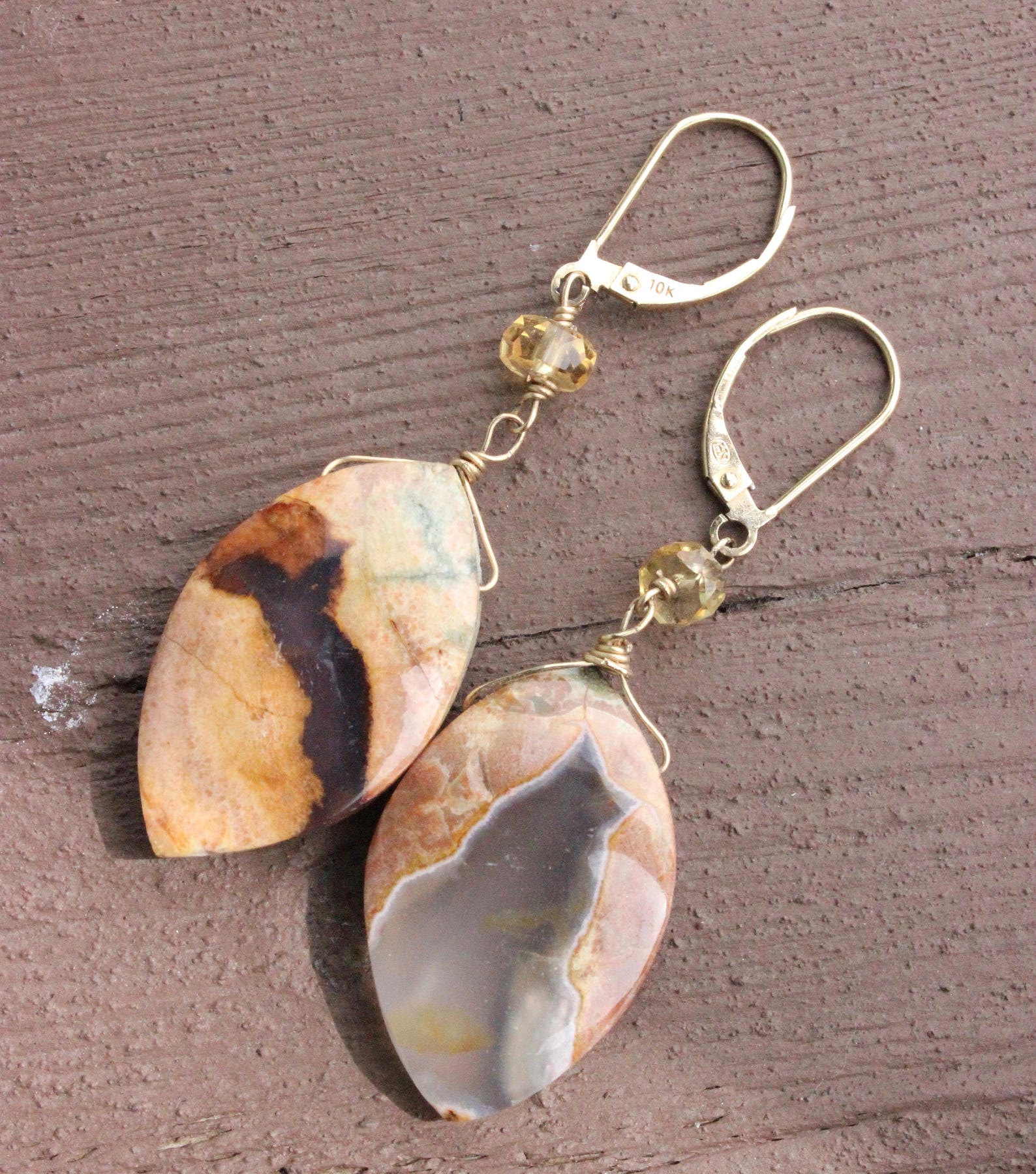 Stunning Marked HN 10k Gold and Agate Dangle Leverback - Etsy