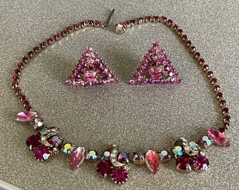 Unique Vintage Red and Pink Watermelon Rhinestone Necklace Bracelet and Clip Earrings Set Triangle Clip Earrings Chocker Necklace