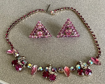 Unique Vintage Red and Pink Watermelon Rhinestone Necklace Bracelet and Clip Earrings Set Triangle Clip Earrings Chocker Necklace
