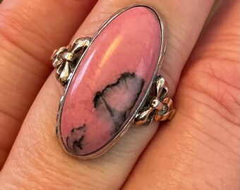 Beautiful Sterling Silver and 10k Gold Ring with Black Manganese and Pink Rhodonite Size 7 1/2 Great Holiday Gift