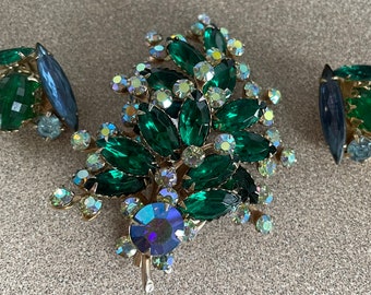 Large Vintage D & E Juliana Blue and Green Rhinestone  Brooch Pin and Clip Earrings