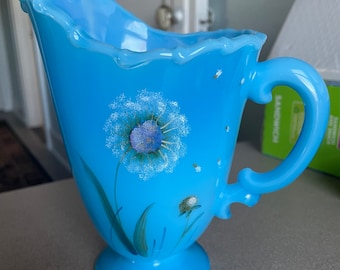 Fenton Hand Painted Blue Opalescent Glass Pitcher with Flowers Signed J Cutshaw Poppy Flowers Handled Vase Large Creamer