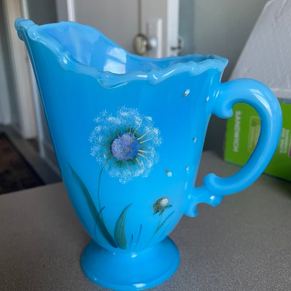 Fenton Hand Painted Blue Opalescent Glass Pitcher with Flowers Signed J Cutshaw Poppy Flowers Handled Vase Large Creamer