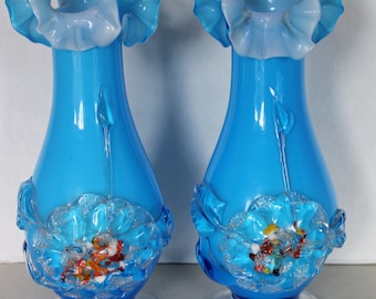 Rare Vintage Pair of Blue Stevens & Williams Hand Blown Vases w Ruffle Tops