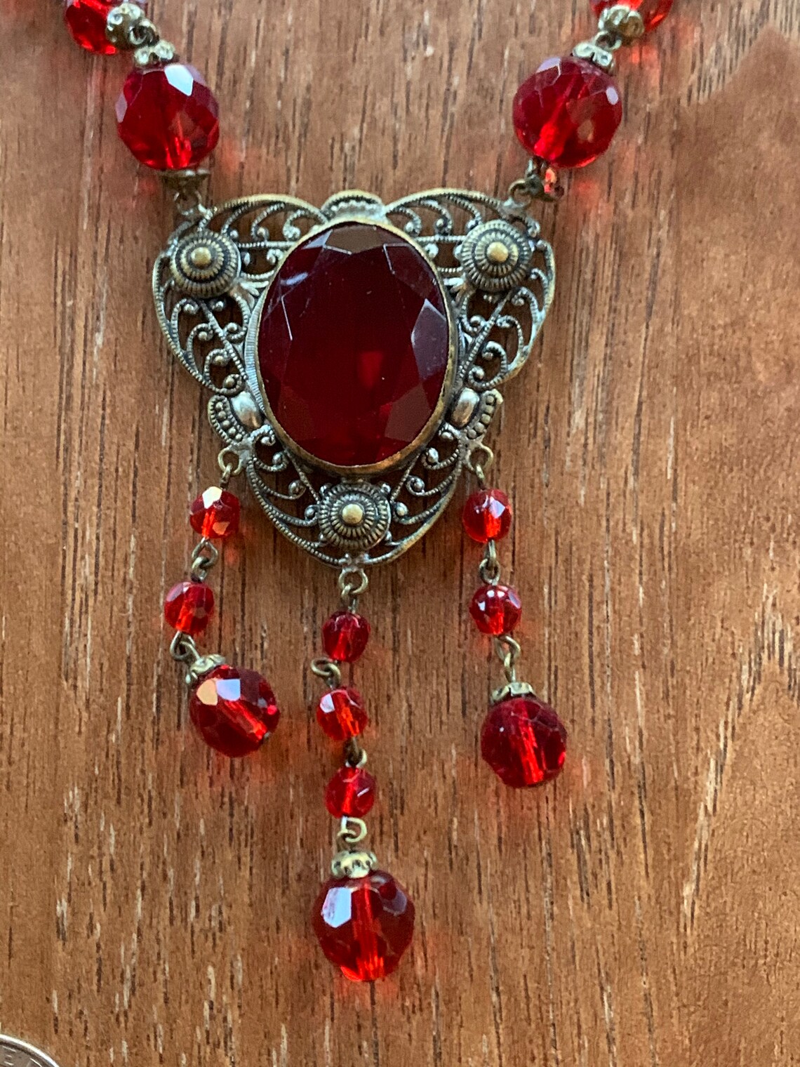Vintage Ornate Ruby Red Glass Beads Victorian Style Necklace Etsy