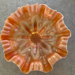 Vintage Dugan Carnival Glass Amber Border Plants pattern Compote Bowl