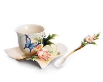 Discontinued HTF Franz Fluttering Butterfly Beauty Flower Sculptured Cup Saucer and Spoon