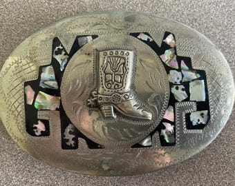 Vintage Mexican Sterling Silver 'overlay'engraved Buckle Belt
