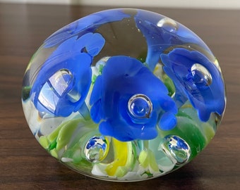 Vintage Maude and Bob St Clair  Floral Art Glass Paperweight Dated 1976 Stunning Blue Flowers