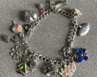 Vintage Sterling Silver Charm Bracelet with 15 Charms Enamel Precious Stones Rhinestones Marked 925