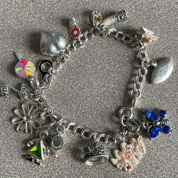 Vintage Sterling Silver Charm Bracelet with 15 Charms Enamel Precious Stones Rhinestones Marked 925