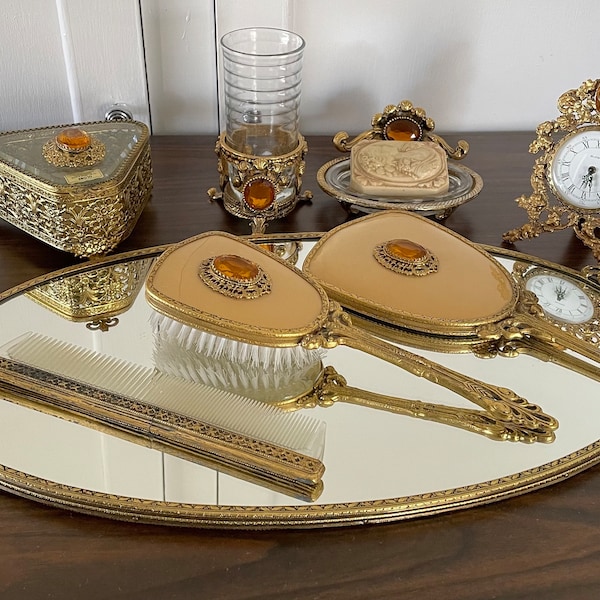 Beautiful Antique Victorian Ormolu Vanity Set Tray Comb Brush Jewelry Box Clock Soap Dish Glass and Holder Amber Rhinestones 8 Pieces