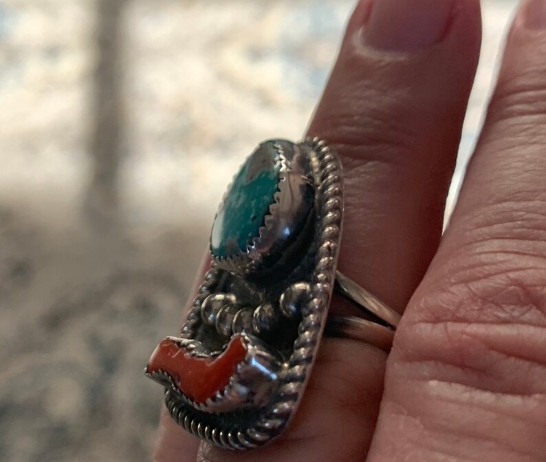 Vintage Large Native American Turquoise and Coral Sterling Ring Size 6 ...