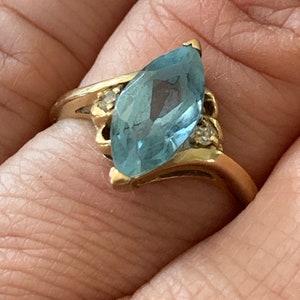 Vintage Aquamarine Blue and Diamond Ring Marked 10k Gold Plum Size 8 1/4