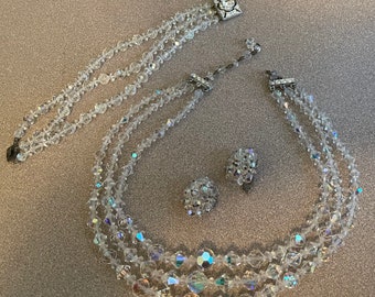 Vintage Glass Rhinestone Clear Aurora Borealis Crystal Necklace, Bracelet and Earrings Set