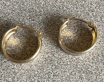 Small 14k Gold Hoop Earrings Made in Israel with White Etched Gold Great Holiday Gift for Her or Him