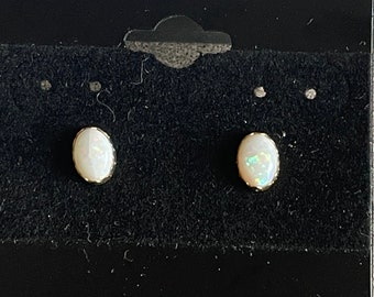 Vintage Petite Delicate Genuine Opal 14k Gold Post Earrings Holiday Gift for Her or Him