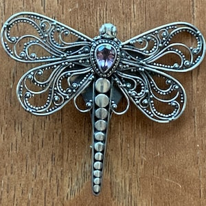 Large Vintage Sterling Silver Filagree Dragonfly and Amethyst Brooch Pin Stunning Statement Collectible Jewelry