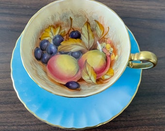 Beautiful Aynsley Fruit Orchard Gold Tea Cup and Saucer Duo Vintage 1960's Turquoise Blue