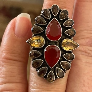 Beautiful Limited Edition Turkish Indian Ladies Multi Stone Ring Smokey Quartz Citrine Carnelian Size 6