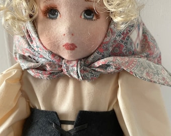 Vintage 19" Sad Eyes "Lenci" Style Felt Doll Hand Painted Limited Edition Farmer Girl with Apron and Matches