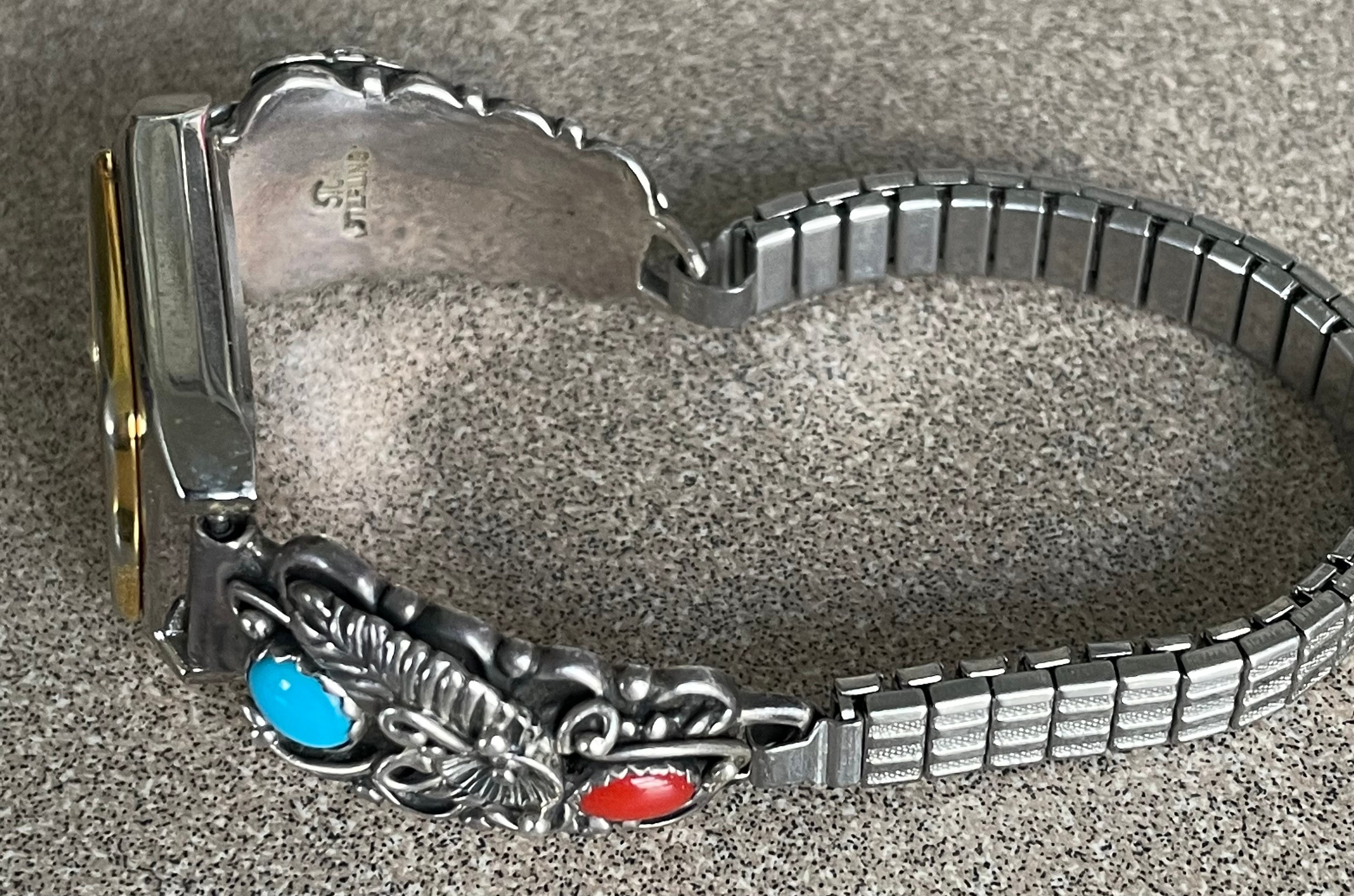 Sterling Silver Turquoise and Coral Watch Band with Boccia Face Sterling Silver Turquoise & Coral Navajo Watch Cuffs  main image 3