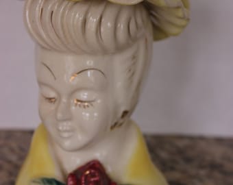 Beautiful Large Lady Pottery Clay Head Vase with Flowers