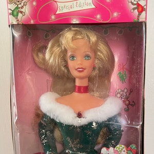 Vintage feestelijke Barbie-pop uit 1997 in de originele doos With Green Eyes Christmas